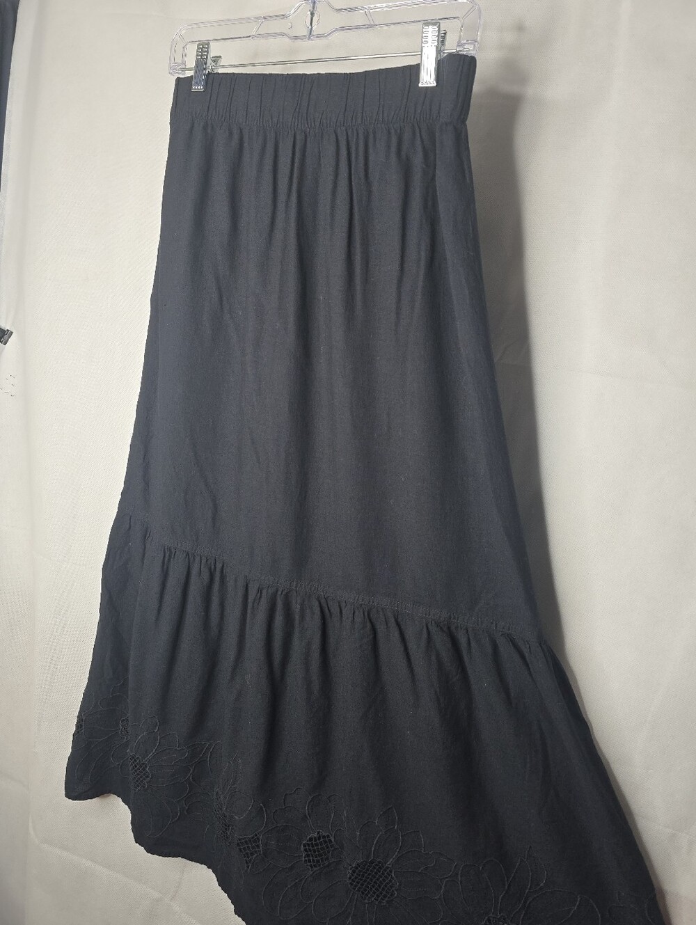Sonoma Linen Blend Maxi Skirt Black Embroidered Floral Elastic Waist Boho M